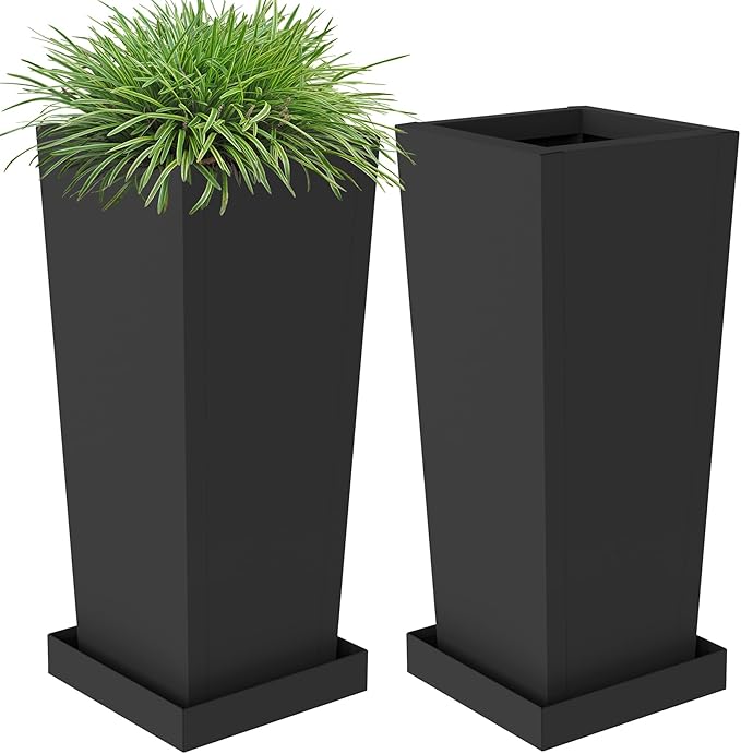 Metal Tall Planters 30inch Set of 2,Durable Taper Planter with Drainage Insert Shelve & Trays, Metal Outdoor Planter Box for Porch, Garden, Patio, Yard (Black)