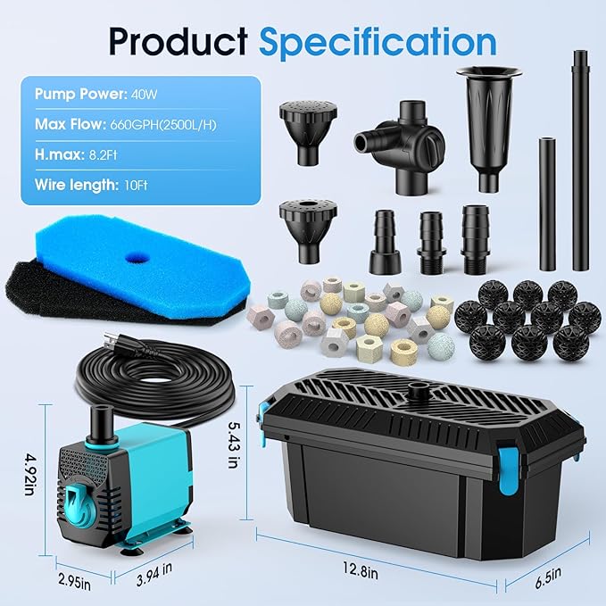 POPOSOAP Pond Waterfall Spillway Kit with 1200GPH Pond Pump & S104 Pond Filter, Filter Media, Pond Spillway for Outdoor Pondless Waterfall and Streams, Pondless Water Feature