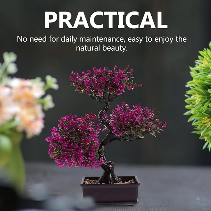 Cabilock Artificial Bonsai Tree, Fake Potted Bonsai Plants Decoration, Desktop Realistic Welcoming Pine Ornament for Home Office Entryway Chests Decor, Red (Purple)