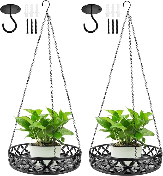Plant Hanger, 2pcs Metal Hanging Plant Shelf Decorative Planter Flower Pots Holder for Indoor Outdoor, Modern Plant Hanging Basket for Balcony Porch Garden Home Decor, Black