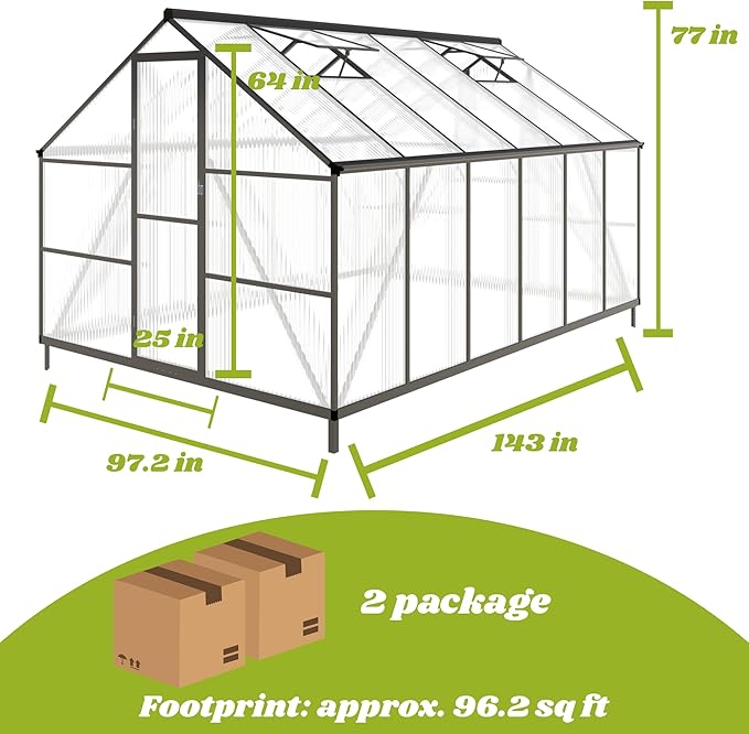 8x12 FT Greenhouse for Outdoors, Polycarbonate Greenhouse with Quick Setup Structure and Roof Vent, Aluminum Large Walk-in Green House for Outside Garden Backyard, Dark Gray