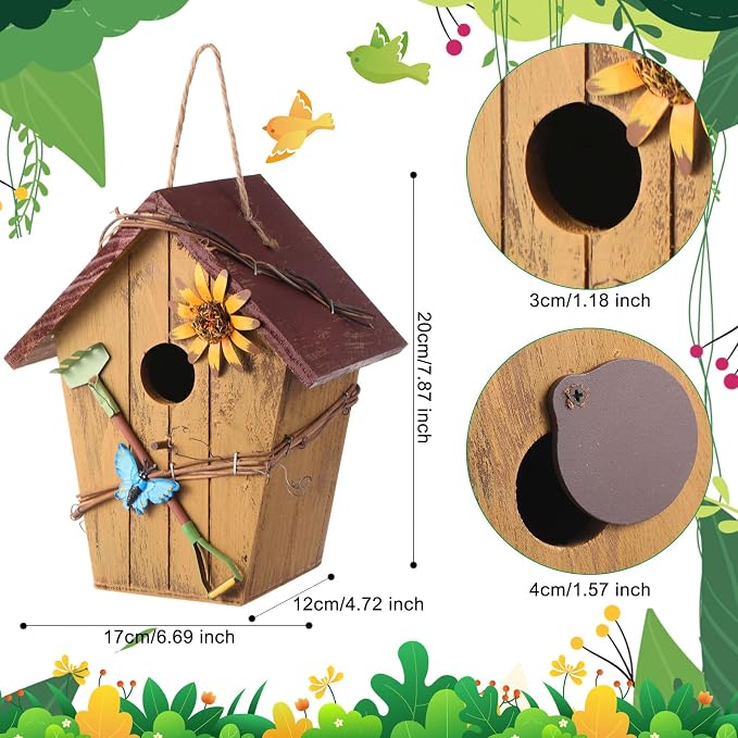 DoubleFill 2 Pcs Birdhouses for Outdoor Hanging Yard Outside Wooden Birdhouse Hand Painted Bird Box for Bird Lovers Bluebird Tree Garden Decor Decorative Birdhouse(Bright Color,Wooden Roof)