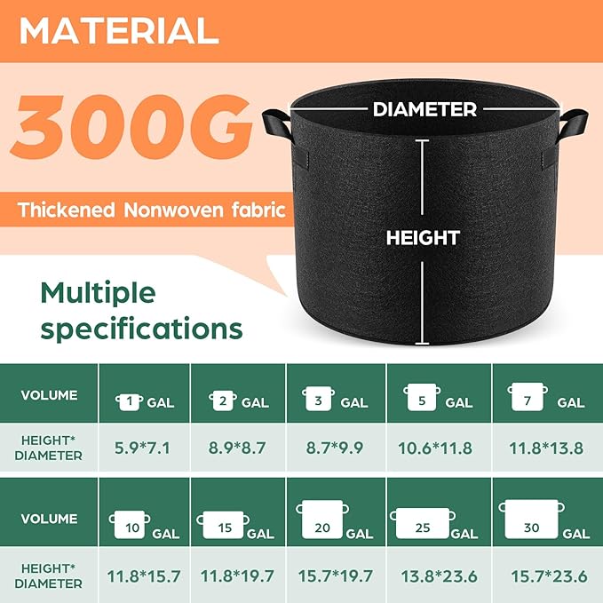 5 Pack 25 Gallon Grow Bags, Thickened Nonwoven Fabric Planter Pots with Handles, Heavy Duty 300G Garden Pots for Tomato, Potato and Vegetable