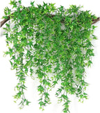 Artificial Hanging Vines, Fake Vine Plastic Plants Sweet Potato Leaves Ivy UV Resistant Greenery Décor Faux Flowers for Indoor Outdoor Garden Door Wall Wedding Party Table Decoration Green 4 Pack