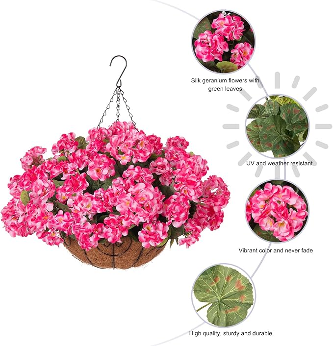 INSPRING Geraniums Artificial Flowers Hanging Basket for Outdoors Outside Spring Decoration, 8 Bundles Silk Flowers Fake Plants Look Real UV Resistant for Porch Home Patio Balcony Yard, Pink