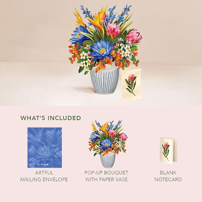 Freshcut Paper Tropical Paradise Pop Up Cards, 12 Inch Life Sized Forever Flower Bouquet 3D Popup Greeting Card, Birthday Cards, Anniversary Card, Blank Notecard & Envelope