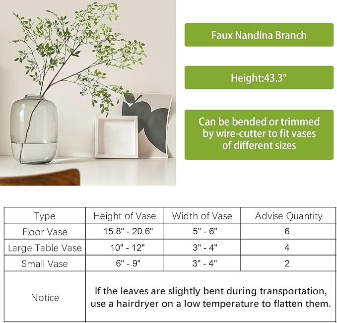 CEWOR Artificial Plants 2PCS 43.3 Inch Green Nandina Tall Plants for Wedding Shop Garden Office Home Décor Greenery Stems Fake Branches for Vase Indoor