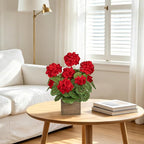 Briful Artificial Geraniums Flowers in Square Wooden Box, Faux Red Silk Geranium Potted Plant, 15.7" Fake Floral Arrangement for Rustic Farmhouse Home Kitchen Table Centerpiece Patio Décor