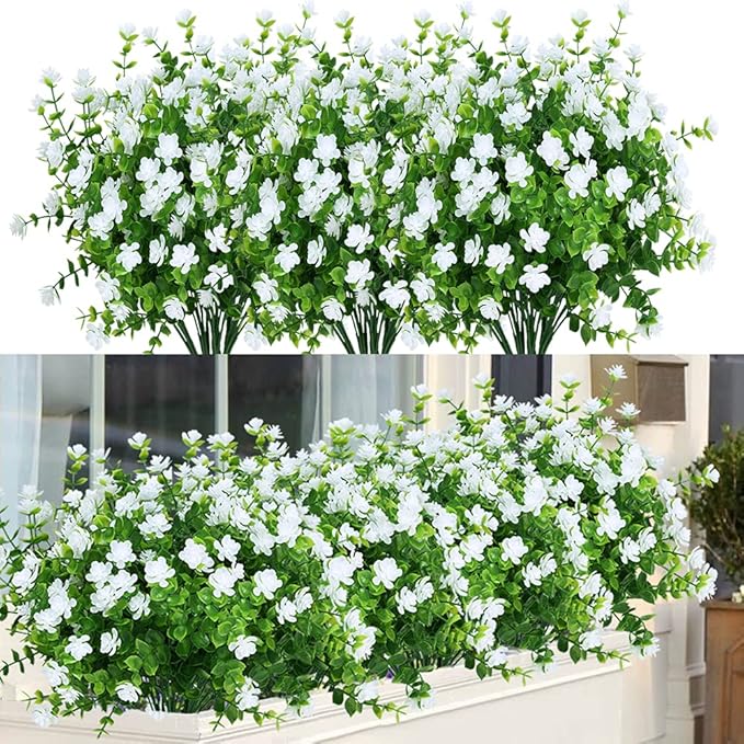 24 Bundles Outdoor Artificial Flowers UV Resistant Fake Boxwood Plants, Faux Greenery for Indoor Outside Hanging Plants Garden Porch Window Box Home Wedding Farmhouse Décor (White)
