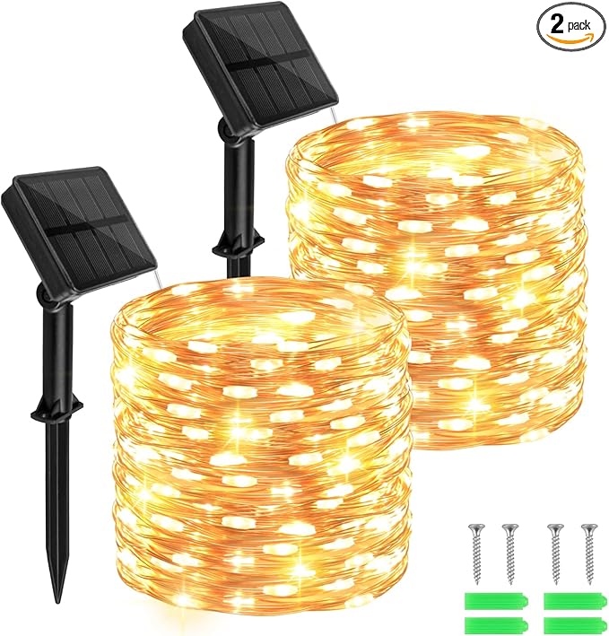 cshare Solar Fairy Lights Outdoor Waterproof,39.4ft 120LED Solar String Lights for Outside 8 Modes 2 Packs for Patio Backyard Garden Deorations Warm White