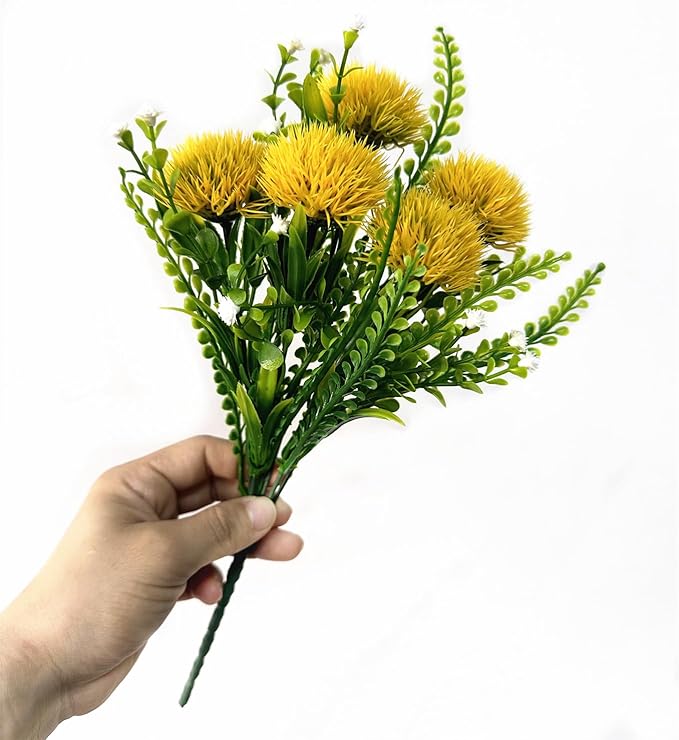 CATTREE Artificial Dandelion Plants, Plastic Flowers Shrubs Bushes Fake Grass Wedding Indoor Outdoor Home Garden Verandah Centerpieces Arrangements Party Decoration Planting Filler - Yellow 4 Pack