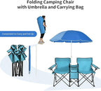 Goplus Double Camping Chair with Umbrella, Folding Loveseat Chairs w/Canopy Shade, Carrying Bag, Table, Cup Holder, Portable Beach Chairs Outdoor Picnic Patio (Turquoise)