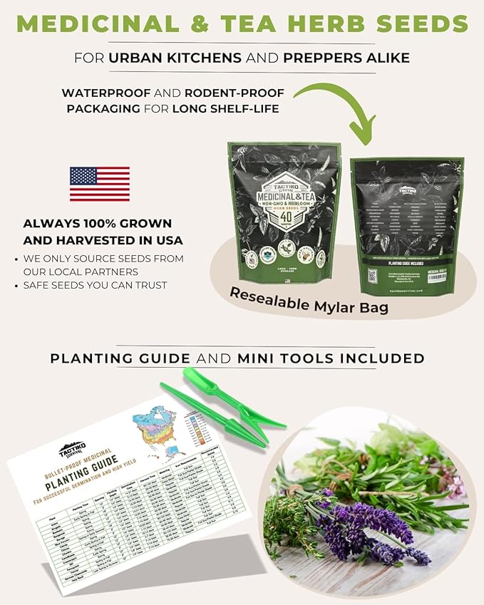 Tactiko Survival 40 Medicinal & Tea Herb Seeds Variety Pack, Indoor & Outdoor Herbal Garden Kit, USA Grown Heirloom Non-GMO, Herbal Seeds for Teas, Resealable Mylar Bag for Long-Term Storage