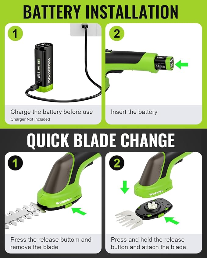 WORKPRO 3.6V Hedge Trimmer Cordless, 2-in-1 Electric Hedge Trimmer & Grass Cutter with 4.0Ah Removable Battery & Type-C Cable, Lightweight Bush Trimmer for Lawn & Garden