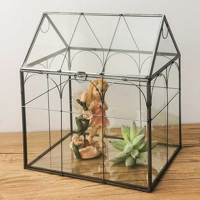 HighFree Geometric Plant Terrarium with Lid, House Succulent Terrarium Kit for Display, Air Plants, Succulents, Home Tabletop Miniature Terrarium, Not Airtight or Waterproof (Black)