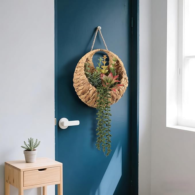 Fake Plants Hanging Artificial Succulents Plants in Woven Basket, Faux String of Pearls Greenery Plants for Living Room Bathroom Boho Wall Decor