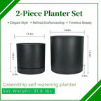 GreenShip Set of 2 Indoor Plant pots, Cylinder Planters with Drainage Hole and Planter Saucer, Jun Porcelain Clay & Recycled Resin, Decorate Home,Office & Outdoor,Black pots, 13.7in+11.8in