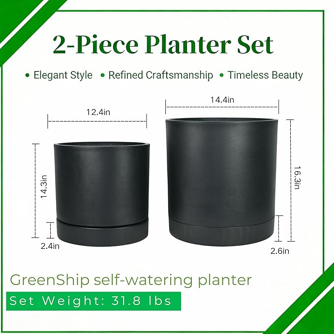 GreenShip Set of 2 Indoor Plant pots, Cylinder Planters with Drainage Hole and Planter Saucer, Jun Porcelain Clay & Recycled Resin, Decorate Home,Office & Outdoor,Black pots, 13.7in+11.8in