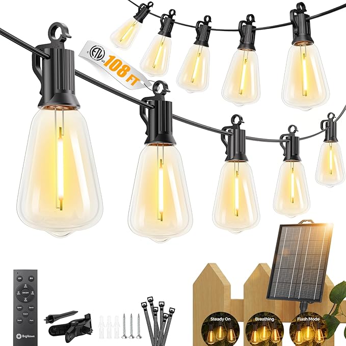 Brightown 108FT 50+2 LED Solar String Lights Outdoor Waterproof, Patio Lights with Remote and Shatterproof Bulbs, Dimmable & Timable, 3 Light Modes, Solar Lights Outdoor for Yard Garden Camping Party