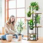 6 Tier Plant Stand Indoor, Thickened Metal Wood Corner Plant Shelf Stands for Multiple Plants, Indoor Tall Plants Stand Tiered Flower Holder for Living Room Patio Garden Balcony(Black+Brown)