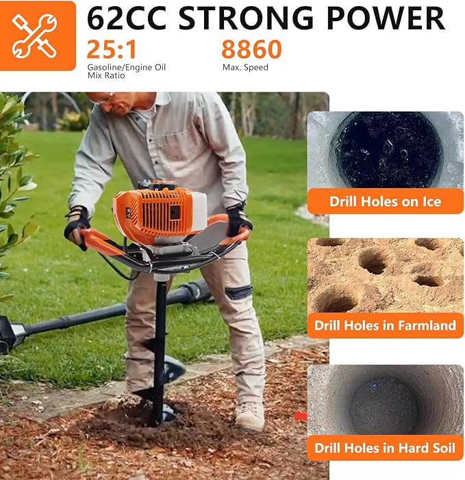 62CC Auger Post Hole Digger, 2 Stroke Gas Powered Earth Post Hole Digger with 2 Auger Drill Bits(6" & 8") + 1 Extension Rods for Farm Garden Plant, Orange (62CC)