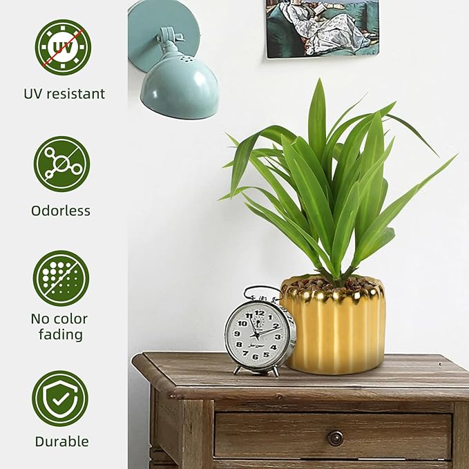 2 Pcs Artificial Dracaena Plant Golden Ceramic Pot Realistic Textured Faux Plants for Indoor Outdoor Fake Greenery Home Office Decor with Lifelike Foliage