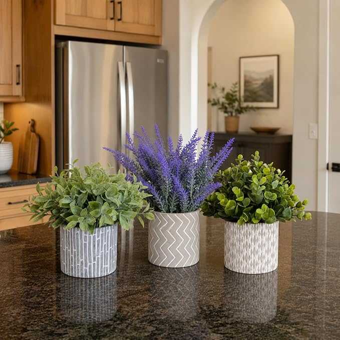 Set of 3 Artificial Potted Plants, Faux Eucalyptus Lavender and Tea Tree Greenery in Cement Pots, Small Fake Plants for Shelf Bathroom Office Desk Decor