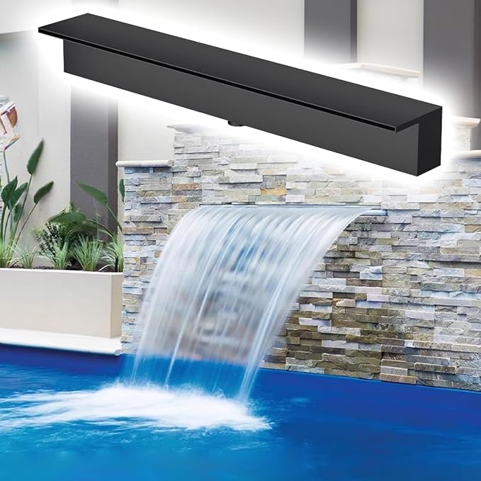 Stainless Steel Waterfall Spillway for Fish Ponds & Pool Fountains - 35cm Wide Outlet with PVC Connector, Perfect for Artificial Water Features, Durable & Stylish Black Finish