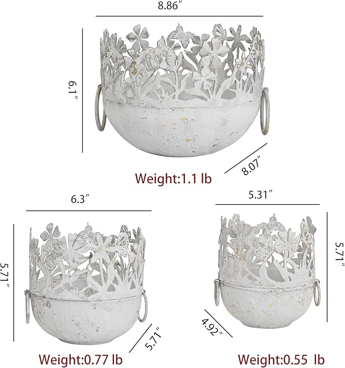 3 Piece Vintage Metal Planter Set, Rustic Distressed Farmhouse Flower Pots with Handles for Indoor Outdoor Garden, Tabletop Centerpieces & Wedding Decor
