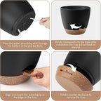 YNNICO Plant Pots 10/9/8/7.5/7 inch, Self Watering Planters with Drainage Holes & Saucers for Indoor and Outdoor Plants (Black)