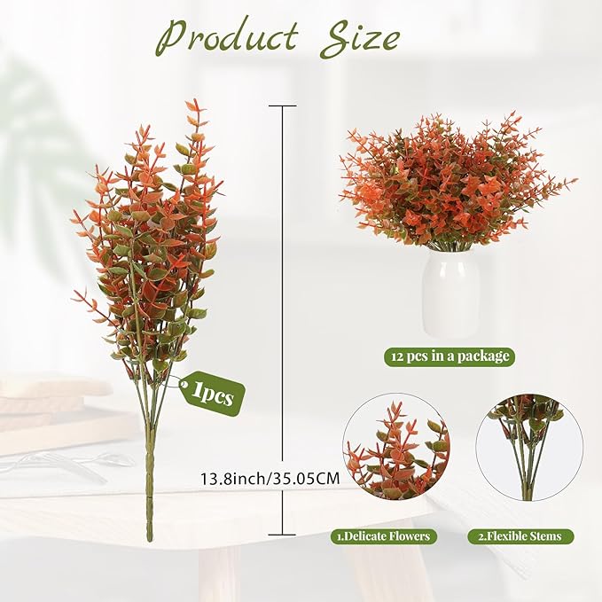 RECUTMS 12 Bundles Artificial Fall Flowers No Fade Faux Autumn Plants, Fake Indoor Outdoor Greenery Fall Decorations for Thanksgiving Christmas Wedding Party Home Garden Fireplace Décor