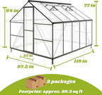 8x10 FT Greenhouse for Outdoors, Polycarbonate Greenhouse with Quick Setup Structure and Roof Vent, Aluminum Large Walk-in Green House for Outside Garden Backyard, Charcoal Black
