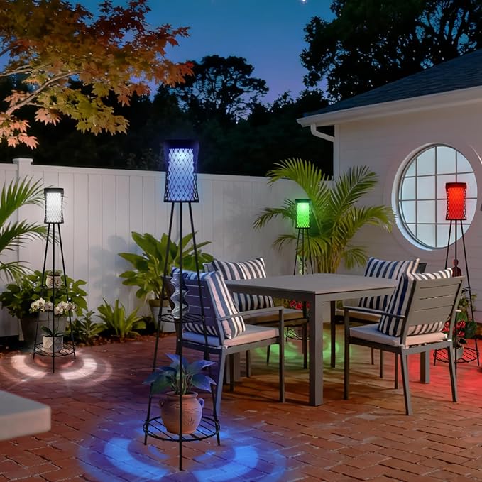 Aialun Solar Outdoor Floor Lamps with USB Charging, 5 Mode White&RGB Light Solar Outside Floor Lamps, 45.67 Inch Tall Standing Lamp with Double Plant Stand for Patio, Porch, Deck, Yard Decor, 2 Pack