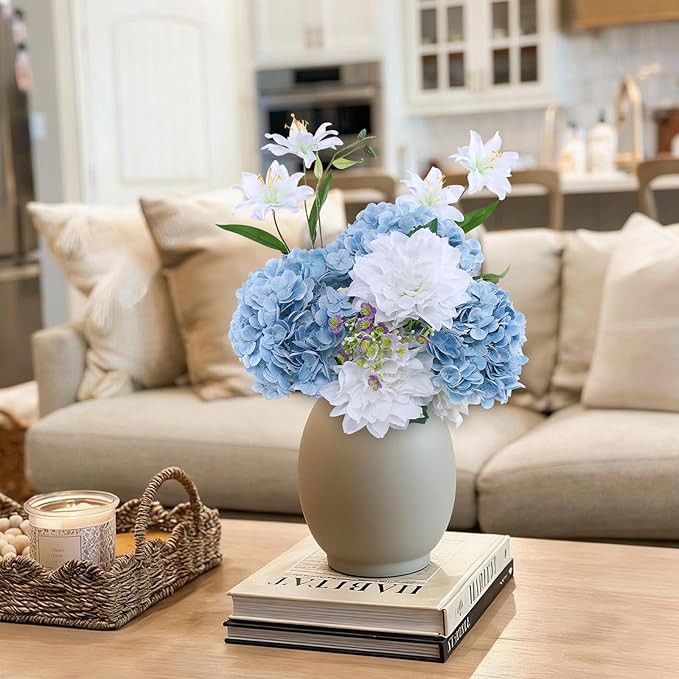 Coferset 4Pcs Hydrangea Artificial Flowers Lifelike Faux Hydrangea Real Touch Artificial Flowers for Outdoors Home Wedding Christmas Office Party Living Room Decoration,22inch(2 White+2 Baby Blue)