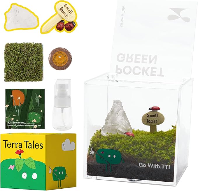 DIY Moss Terrarium Kit, 4 * 4 * 4 inch Acrylic Cube Mini Garden with Live Star Moss, Soil, Pure Mind-Craft Kit for Adults and Teens, Relaxing Desk Decor & Unique Gift for Home or Office