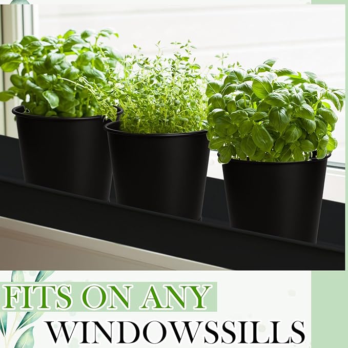 FoldTier 2 Sets Herb Garden Planter Indoor Kit with Trey 10 Pcs Metal Windowsill Plant Pots with Drainage Holes Indoor Herb Planter with Marker and Labels for Home Outdoor Plants (Black)