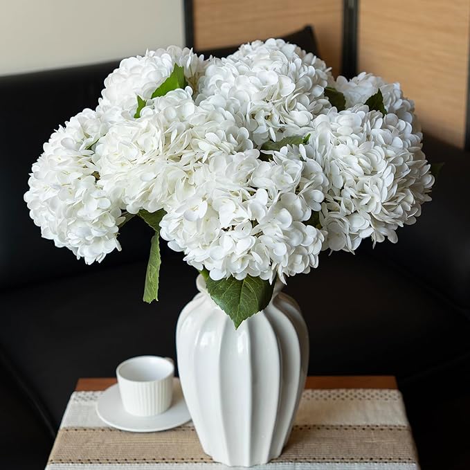DUYONE 4PCS Artificial Flowers Large Hydrangeas Flowers Latex Bouquet for Wedding Bridal Office Home Party Decoration (4Pcs White)