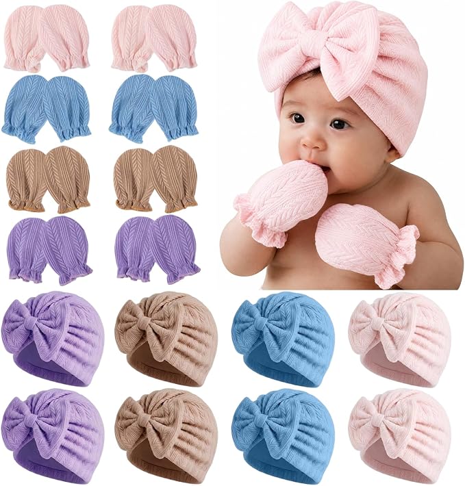 8 Sets Newborn Baby Girl Hats & Mittens, Cotton Preemie Hospital Bow Cap, No Scratch Gloves,Infant Beanies 0-3 Months