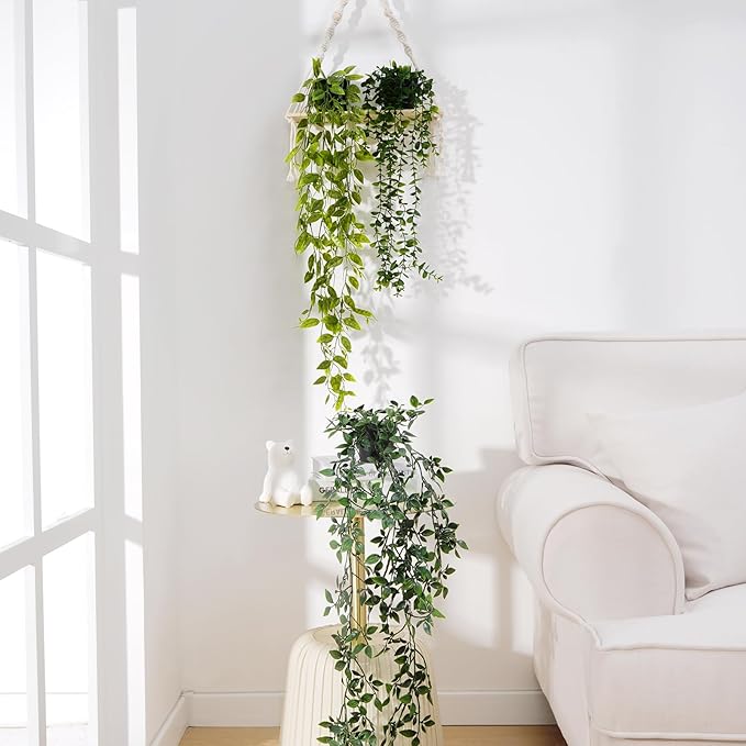 BLEUM CADE Fake Hanging Plants Mixed Set, 4pcs Artificial Hanging Plant, Faux Hanging Potted Plants Greenery for Wall Shelf Home Living Room Indoor Outdoor Decor