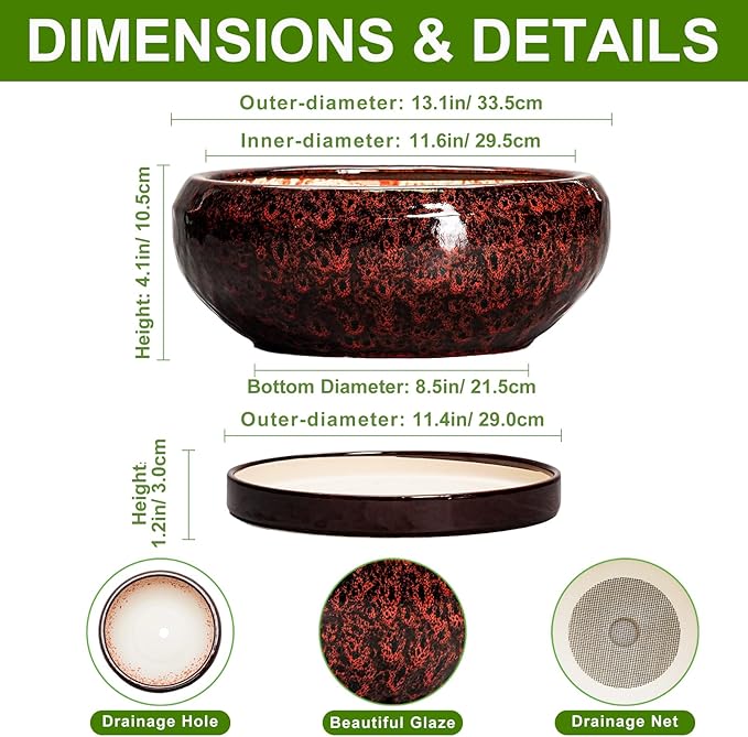 Bonsai Pots with Drainage Hole - 13 Inch Ceramic Succulent Pots, Large Succulent Planter with Saucer, Shallow Planter Indoor Outdoor, Round Planter Bowl, Apartment Decor, Garden Gifts, Red