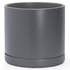 D'vine Dev 14 Inch Ceramic Planter Pot with Drainage Hole and Saucer, Indoor Cylinder Round Planter Pot, Speckled Grey, 94-O-G-3