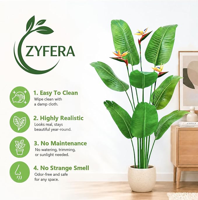 5FT Artificial Bird of Paradise Plant with Flowers, Tall Tropical Fake Plant Indoor, Large Artificial Plant for Living Room, Office Decor, Faux Floor Plant with Pot