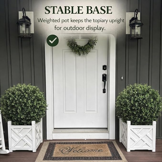 Artificial Boxwood Topiary Trees Set of 2, 26" Tall UV Resistant Real Touch Faux Plants in Pots for Front Porch, Entryway & Patio Decor