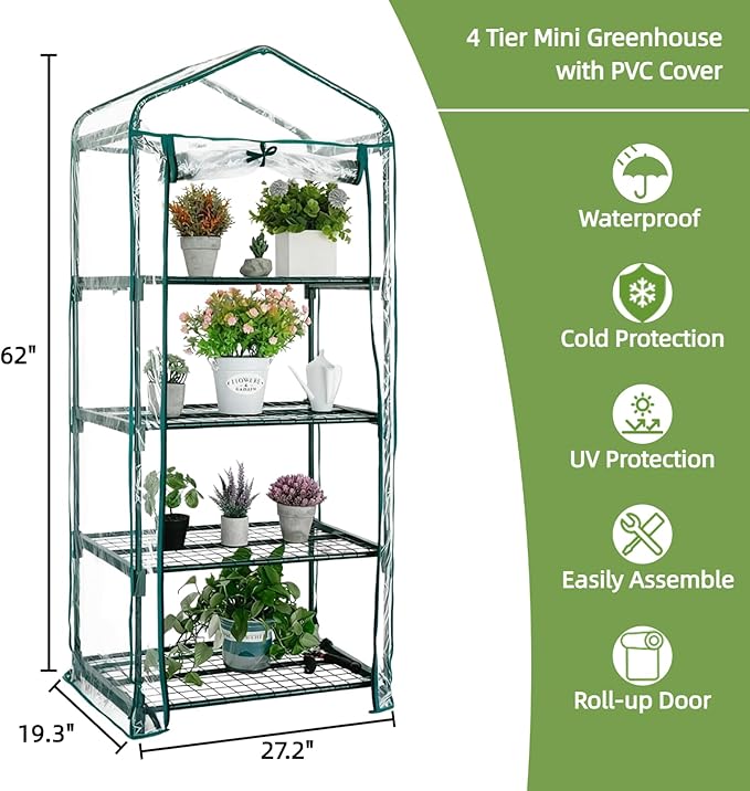 Mini Greenhouse for Indoor Outdoor, Small Plants Green House with 4 Tier Shelves, Portable Plastic Greenhouses with Transparent PVC Cover for Garden Backyard Patio Balcony Porch