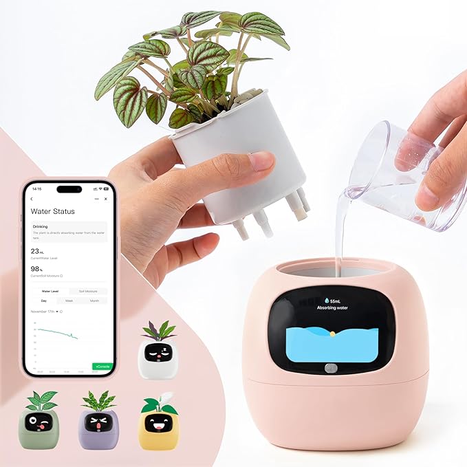 Smart Planter with App Control, Self-Watering AI Plant Pot with LCD Display, Interactive Desk Plant Companion for 100+ Plants, Smart Indoor Planter with Pomodoro Timer,80ml Reservoir,Calendar-Pink
