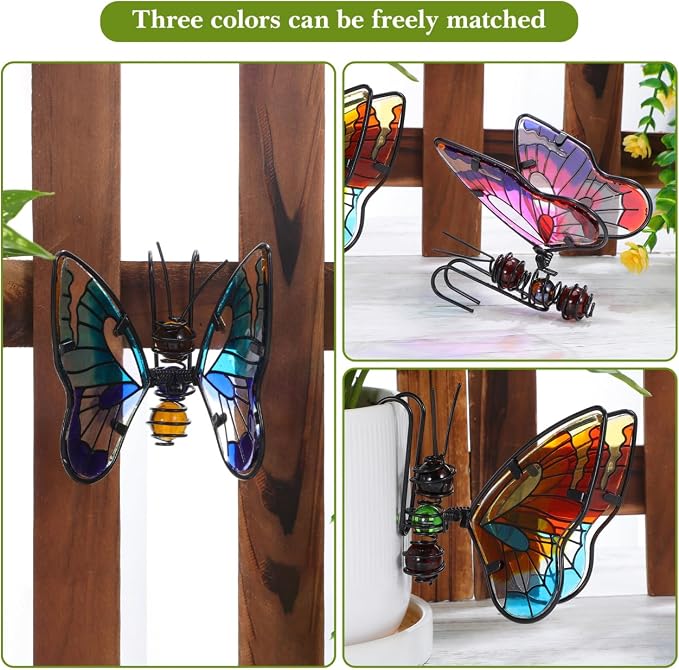 BESPORTBLE 3Pcs Butterfly Decorations for Plant Pots: Metal Stained Glass Garden Decor – Spring Outdoor Decor for Potted Plants, Aesthetic Yard & Patio Decorations Outdoor, Gift for Women