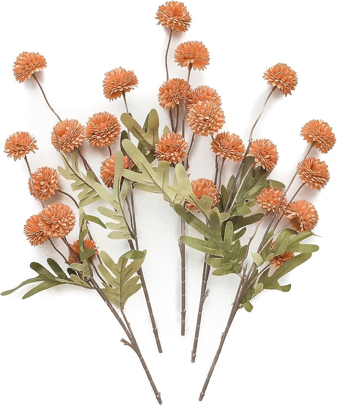 Floroom 5pcs Burnt Orange Faux Silk Mums Artificial Flowers, Bulk Fake Small Mini Chrysanthemums with Stems for DIY Wedding Centerpieces Floral Arrangements Vase Fillers Home Decorations