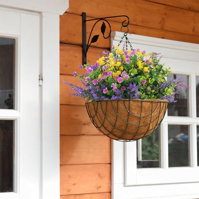 Hananona 48 Pcs Artificial Flowers Outdoor, Faux Artificial Plants UV Resistant Plastic Flower Bulk for Hanging Planter Porch Window Home Wedding Fall Summer Decor (48, Fuchsia, Purple, Yellow, Green)