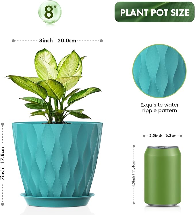 UOUZ 8 Inch Plant Pots, 4 Pack Plastic Planters for Indoor Outdoor with Drainage Holes & Saucers, Waffle Texture Flower Pots for Indoor Plants, Indoor Plant Pots for Monstera, Fiddle Leaf Fig Blue