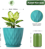 UOUZ 8 Inch Plant Pots, 4 Pack Plastic Planters for Indoor Outdoor with Drainage Holes & Saucers, Waffle Texture Flower Pots for Indoor Plants, Indoor Plant Pots for Monstera, Fiddle Leaf Fig Blue